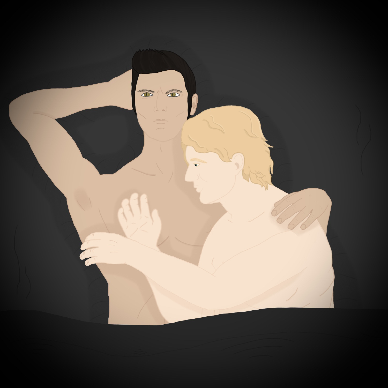 Fanart of Aziraphale and Crowley from Good Omens, inspired by their book versions. Crowley has short dark hair. He is lying on his back, his right hand behind his head, the left arm slung around Aziraphale. He is naked, a black blanket covering him from the hips down.  Aziraphale is lying on his side, snuggled against Crowley, both arms on Crowley's stomach. His hair is blond, chin long and slightly curled. He, too, is naked, but also covered by the blanket from the hips down. Crowley's brows are furrowed, making him seem concentrated but also worried while Aziraphale wears a solemn expression. They appear to be lying on a bed with dark grey sheets.